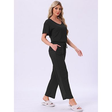 Women's Pajama Set Ribbed Knit Short Sleeve Top and Drawstring Pants 2Pcs Lounge Outfit with Pockets