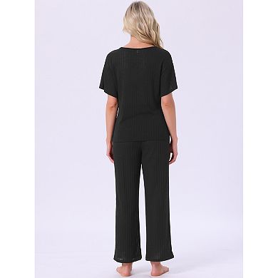 Women's Pajama Set Ribbed Knit Short Sleeve Top and Drawstring Pants 2Pcs Lounge Outfit with Pockets