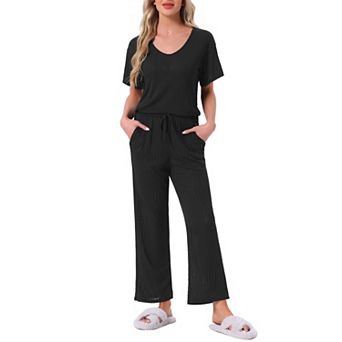 Women's Pajama Set Ribbed Knit Short Sleeve Top and Drawstring Pants 2 pc Lounge Outfit with Pockets