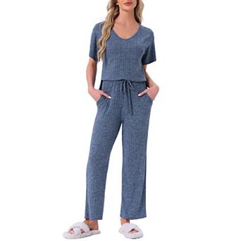 Women's Pajama Set Ribbed Knit Short Sleeve Top and Drawstring Pants 2 pc Lounge Outfit with Pockets