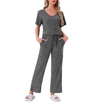 Women's Pajama Set Ribbed Knit Short Sleeve Top and Drawstring Pants 2 pc Lounge Outfit with Pockets