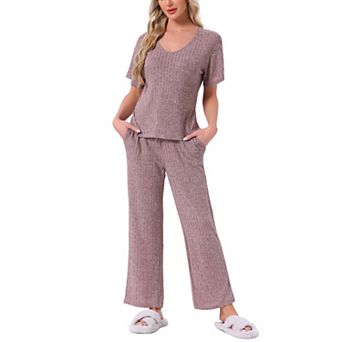 Women's Pajama Set Ribbed Knit Short Sleeve Top and Drawstring Pants 2 pc Lounge Outfit with Pockets