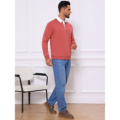 Men's Contrast Collared Long Sleeves Pullover Polo Sweatshirt