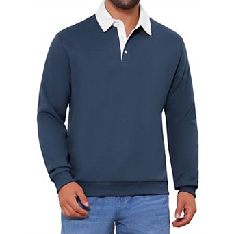 Men's Contrast Collared Long Sleeves Pullover Polo Sweatshirt