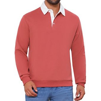 Men's Contrast Collared Long Sleeves Pullover Polo Sweatshirt