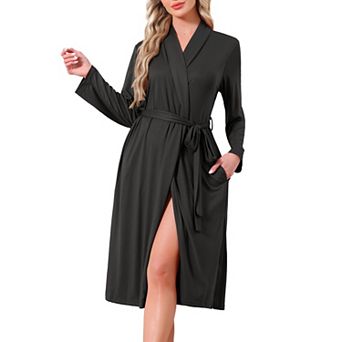 Women's Robe Long Sleeve V-neck Sleepwear Kimono Midi Loungewear Casual Bathrobe with Side Pockets