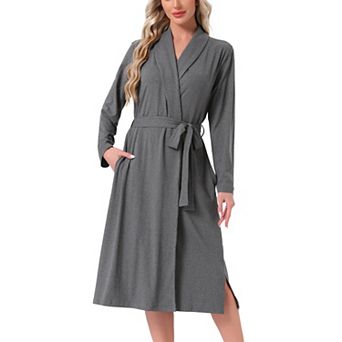 Women's Robe Long Sleeve V-neck Sleepwear Kimono Midi Loungewear Casual Bathrobe with Side Pockets