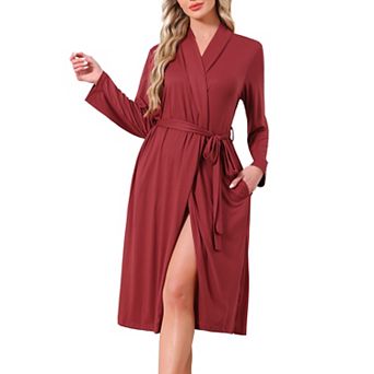 Women's Robe Long Sleeve V-neck Sleepwear Kimono Midi Loungewear Casual Bathrobe with Side Pockets