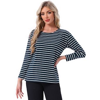Women's Pajama Tops Striped Print Cotton Sleep Shirts Long Sleeve Crew Neck Lounge Tees Pjs Blouse