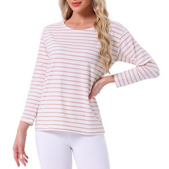 Women's Pajama Tops Striped Print Cotton Sleep Shirts Long Sleeve Crew Neck Lounge Tees Pjs Blouse