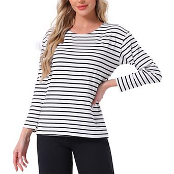 Women's Pajama Tops Striped Print Cotton Sleep Shirts Long Sleeve Crew Neck Lounge Tees Pjs Blouse