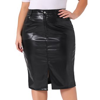 Plus Size Skirts for Women Faux Leather Front Slit Bodycon High Waist Pencil Midi Skirt with Pockets