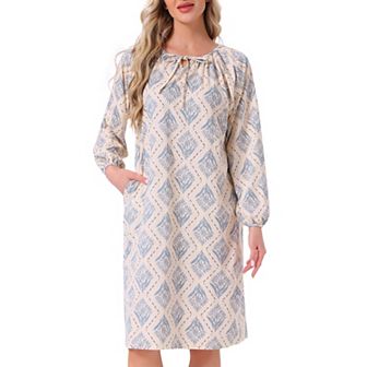 Women's Nightgown Floral Long Sleeve Pleated Elastic Puff Sleeve Cuff Midi with Pocket Sleepwear