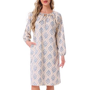 Women's Nightgown Floral Long Sleeve Pleated Elastic Puff Sleeve Cuff Midi with Pocket Sleepwear