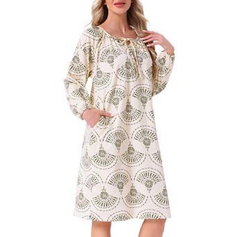 Women's Nightgown Floral Long Sleeve Pleated Elastic Puff Sleeve Cuff Midi with Pocket Sleepwear