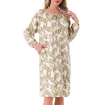 Women's Nightgown Floral Long Sleeve Pleated Elastic Puff Sleeve Cuff Midi with Pocket Sleepwear
