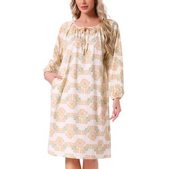 Women's Nightgown Floral Long Sleeve Pleated Elastic Puff Sleeve Cuff Midi with Pocket Sleepwear