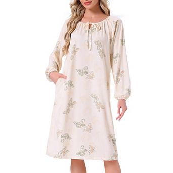 Women's Nightgown Floral Long Sleeve Pleated Elastic Puff Sleeve Cuff Midi with Pocket Sleepwear