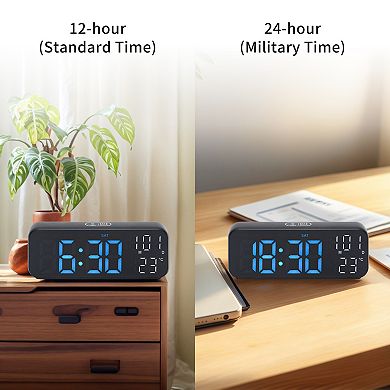 Small Dual Alarm Clock, Dimmable, DST, Snooze, 12/24H, Alarm w Indoor Temperature, 6.7x2.4x1.2 inch
