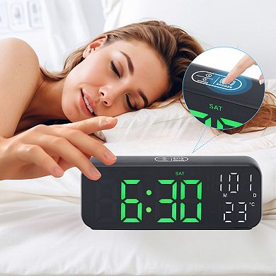 Small Dual Alarm Clock, Dimmable, DST, Snooze, 12/24H, Alarm w Indoor Temperature, 6.7x2.4x1.2 inch