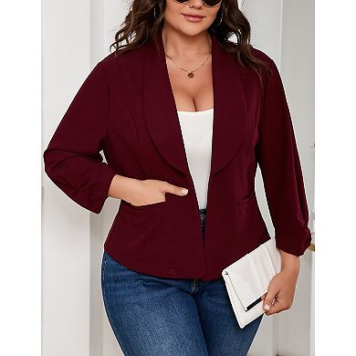 Womens Plus Size Long Sleeve Blazer Open Front Cardigan Work Office Jacket Suit Blazer With Pocket