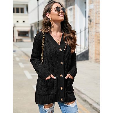 Women's Open Front Cardigan with Pockets Long Sleeve Cable Knit Button Loose Sweater Outwear