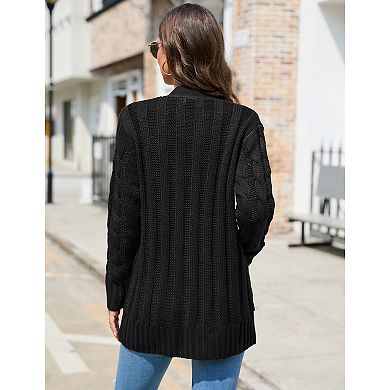 Women's Open Front Cardigan with Pockets Long Sleeve Cable Knit Button Loose Sweater Outwear