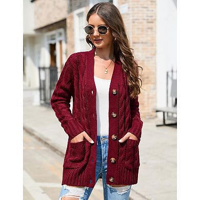 Women's Open Front Cardigan with Pockets Long Sleeve Cable Knit Button Loose Sweater Outwear
