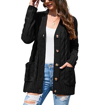 Women's Open Front Cardigan with Pockets Long Sleeve Cable Knit Button Loose Sweater Outwear