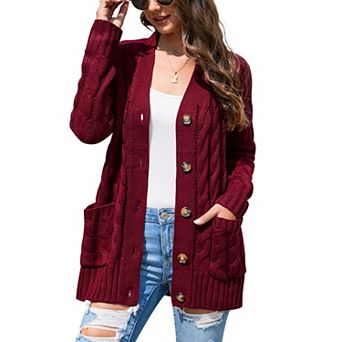 Women's Open Front Cardigan with Pockets Long Sleeve Cable Knit Button Loose Sweater Outwear