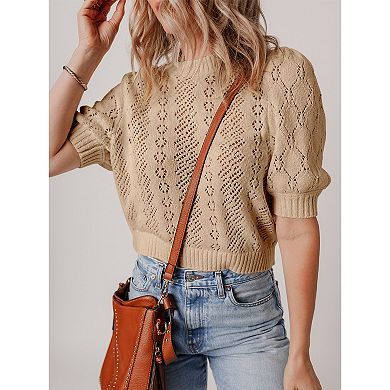 Women Crochet Pullover Hollowed Pattern Knit Short Sleeve Sweater Casual Solid Tops