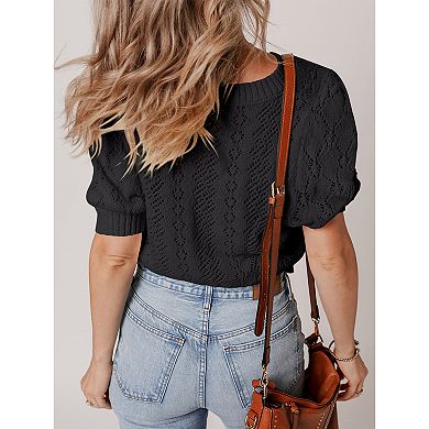 Women Crochet Pullover Hollowed Pattern Knit Short Sleeve Sweater Casual Solid Tops
