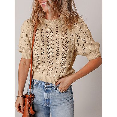 Women Crochet Pullover Hollowed Pattern Knit Short Sleeve Sweater Casual Solid Tops