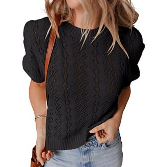 Women Crochet Pullover Hollowed Pattern Knit Short Sleeve Sweater Casual Solid Tops