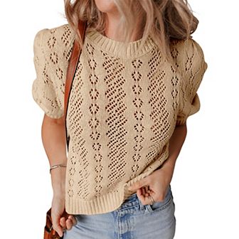 Women Crochet Pullover Hollowed Pattern Knit Short Sleeve Sweater Casual Solid Tops