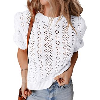 Women Crochet Pullover Hollowed Pattern Knit Short Sleeve Sweater Casual Solid Tops