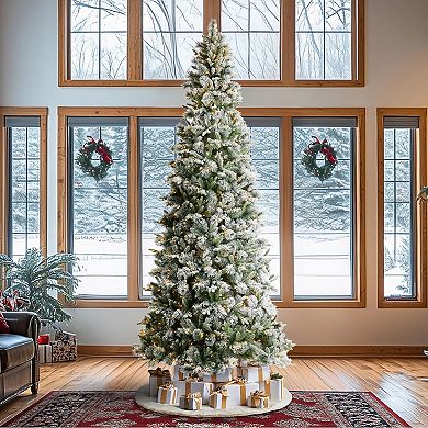 Glitzhome 11ft Artificial Christmas Tree, Pre-Lit Snow Flocked Slim Pine Fake Tree