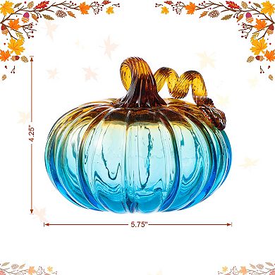 Glitzhome 5.75"D Gradient Turquoise Glass Pumpkin, Unique and Elegant Pumpkin Table Decor