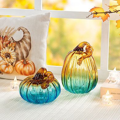 Glitzhome 5.75"D Gradient Turquoise Glass Pumpkin, Unique and Elegant Pumpkin Table Decor