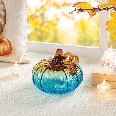 Glitzhome 5.75"D Gradient Turquoise Glass Pumpkin, Unique and Elegant Pumpkin Table Decor