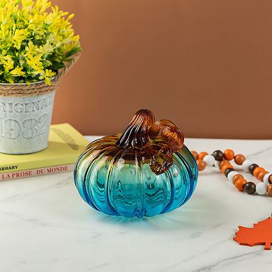 Glitzhome 5.75"D Gradient Turquoise Glass Pumpkin, Unique and Elegant Pumpkin Table Decor