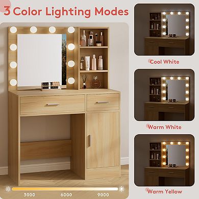 Serwall Modern MDF Vanity Table with Lighted Mirror and Drawers