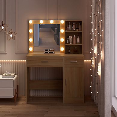 Serwall Modern MDF Vanity Table with Lighted Mirror and Drawers