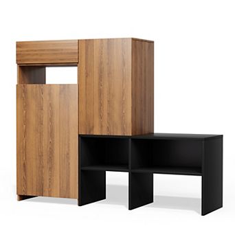 CLICKBIN Modern Two-Tone Asymmetrical Shoe Storage Bench with Cabinet Doors MDF Construction