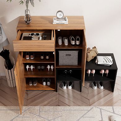 CLICKBIN Modern Two-Tone Asymmetrical Shoe Storage Bench with Cabinet Doors MDF Construction