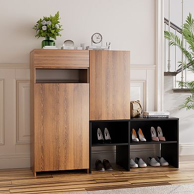 CLICKBIN Modern Two-Tone Asymmetrical Shoe Storage Bench with Cabinet Doors MDF Construction