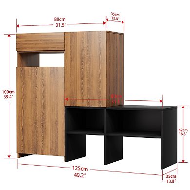 CLICKBIN Modern Two-Tone Asymmetrical Shoe Storage Bench with Cabinet Doors MDF Construction