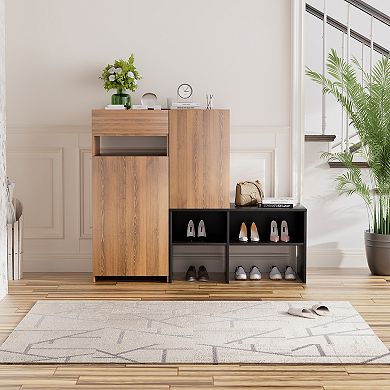 CLICKBIN Modern Two-Tone Asymmetrical Shoe Storage Bench with Cabinet Doors MDF Construction