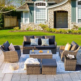 Decksplore 7 pc Outdoor Wicker Patio Set with Swivel Chairs Three Seater Sofa Conversation Set