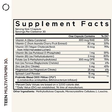 Codeage Teen Multivitamin, Vitamins A, C, D3, B6, B12, Iron, Zinc, Probiotics, Spinach Leaf